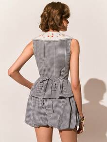 Poéselle 女士樱桃刺绣撞色蕾丝翻领无袖格子纽扣上衣 - 彩色 - 查看 3