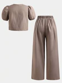 SHEIN Bộ đồ cho bé gái tuổi teen: Áo tay ngắn phối màu có nơ và quần ống rộng, thích hợp cho mùa xuân/hè/thu. - Màu Khaki - Xem 2