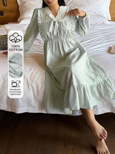 DAZY Mint Green Polka Dot Fabric Ruffle Trim Colorblock Waist Midi Nightgown For Women