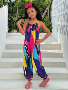 少女休闲几何撞色印花无袖连体裤，夏季灯笼裤，夏威夷风连体裤 - 彩色 - 查看 3