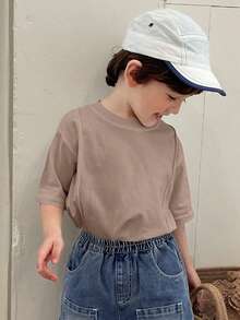 Hapijoa Young Boy Casual Everyday Commute Simple Solid Color Dropped Shoulder Loose T-Shirt, Summer Spring - Coffee Brown - View 6