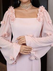 Women's Solid Color 3D Floral Decor Square Neck Lantern Sleeve Elegant Dress - Baby Pink - View 7