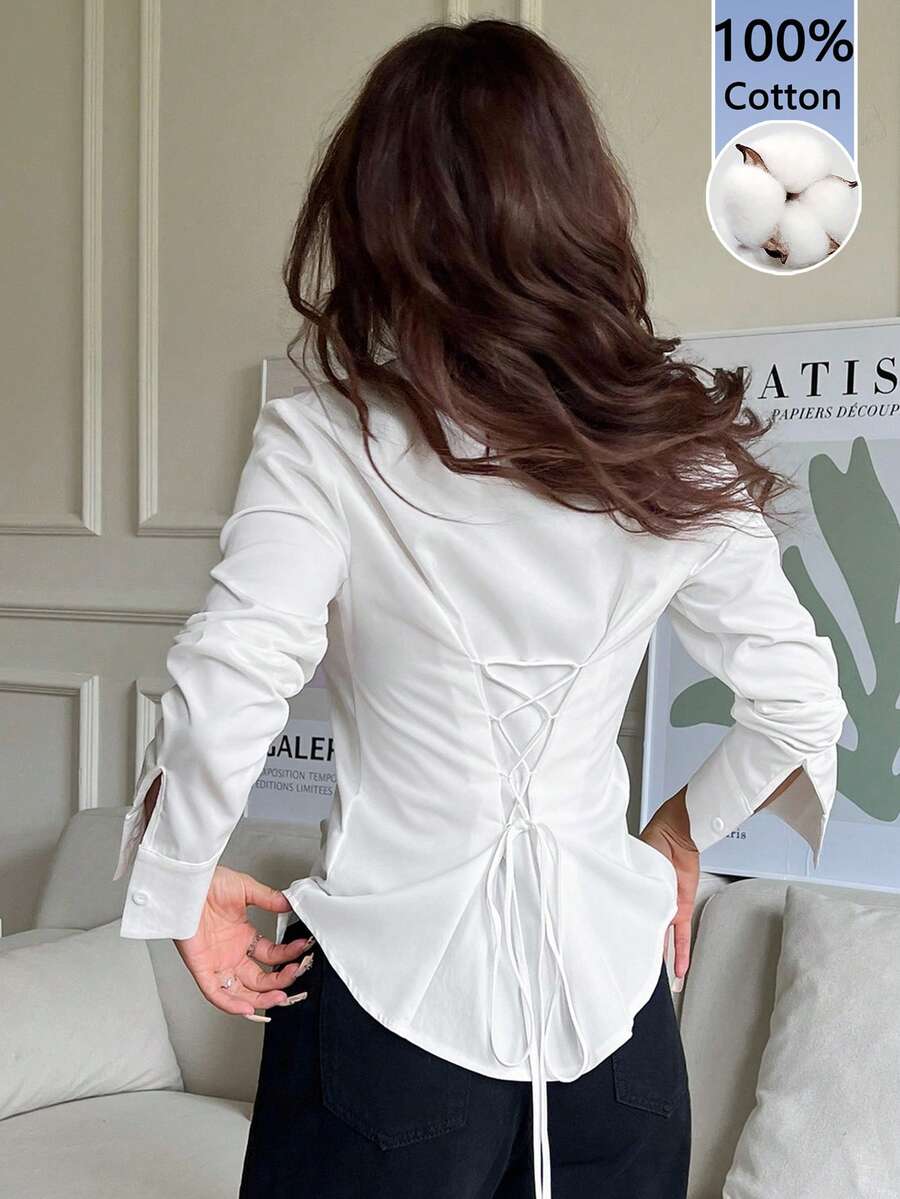 SHEIN EZwear 100%纯棉女士纯色纽扣长袖休闲衬衫，1件装，适合通勤、休闲、下午茶、正式场合、上学、居家穿着，春秋季皆宜，复古Y2K风格，柔美清新Z世代风。 - 彩色 - 查看 1
