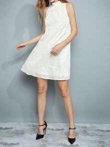 Maija 女士浪漫优雅花卉提花露背无袖白色A字连衣裙，圣诞节假日派对鸡尾酒会礼服，情人节，节日