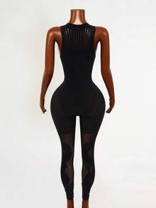 Mistrie Women's Sexy Hollow Out Mesh Sheer Jumpsuit - Black - View 2