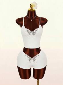 Amplova 2026新款蝴蝶装饰性感透视低胸吊带背心短裤套装，女士睡衣家居服 - 白色 - 查看 11