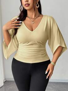 Elenzga Áo thun dáng Pháp thoải mái, đa năng, có phần eo thon gọn, dành cho người có thân hình mũm mĩm. - Màu be - Xem 4