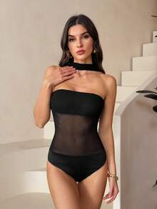 SHEIN Tall Women's Solid Black Strapless Sheer Sexy Romper, Suitable For Music Festivals, Concerts, Parties, Vacations, Daily Wear, Celebrations, Street Activities, Festival Outfits - Black - View 7