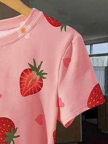 Áo thun crop top cổ tròn tay ngắn in họa tiết quả dâu tây cho nữ, thời trang mùa hè - Hồng - Xem 5