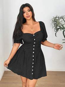 Vionelle Plus Size Women's Polka Dot Print Sweetheart Neck Puff Sleeve Button Design Fashionable Dress - Black - View 2