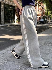 DAZY Women's Loose Drawstring Waist Wide Leg Pants, Casual Sports Sweatpants, Spring/Autumn - Grey - View 8