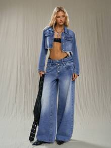 TRNVIE 女士休闲时尚街头风低腰纽扣宽松阔腿二合一牛仔裤 - 藍色 - 查看 7