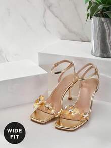 SHUZIA 女士宽楦花朵装饰细高跟凉鞋，日常派对性感沙滩优雅金属PU金色高跟凉鞋，宽楦 - 金色 - 查看 4