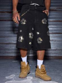 AXEPEAK Men's Fashionable Rhinestone Embellished Casual Shorts - Black - View 3