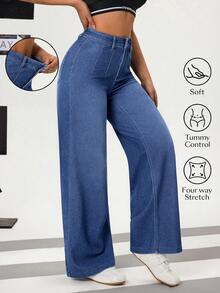 Flexra Quần jeans ống đứng cạp cao giặt thường ngày cho nữ - Màu xanh lam - Xem 7