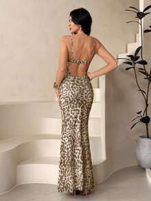 SHEIN Tall Summer Casual Tan Leopard Print Dress For Women,Boho Clothes Women - Brown - View 2