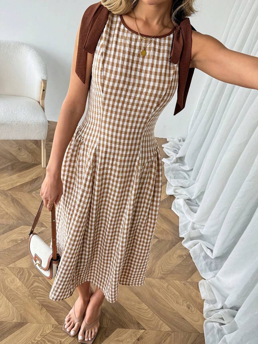 SHEIN LUNE 女士休闲格子撞色无袖中长连衣裙，春夏日常基本款 - 卡其色 - 查看 1