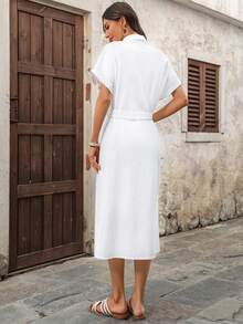 EMERY ROSE 女士休闲纯色单排扣中长连衣裙，夏季 - 白色 - 查看 2