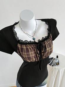 Elamini French Retro Plaid Contrast Lace Trim Square Neck Short Sleeve Fitted T-Shirt, Sweet & Spicy Design, Spring/Summer - Black - View 6