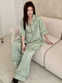 Dazy Plus 大码女士舒适条纹印花睡衣套装 - 綠色 - 查看 7