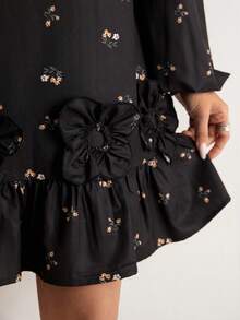 Freevana Women's Elegant Floral Print Long Sleeve Mini Dress - Black - View 5