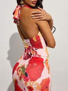 Zyxie Women's Digital Floral Print Halter Neck High Slit Maxi Skirt Set - Multicolor - View 6