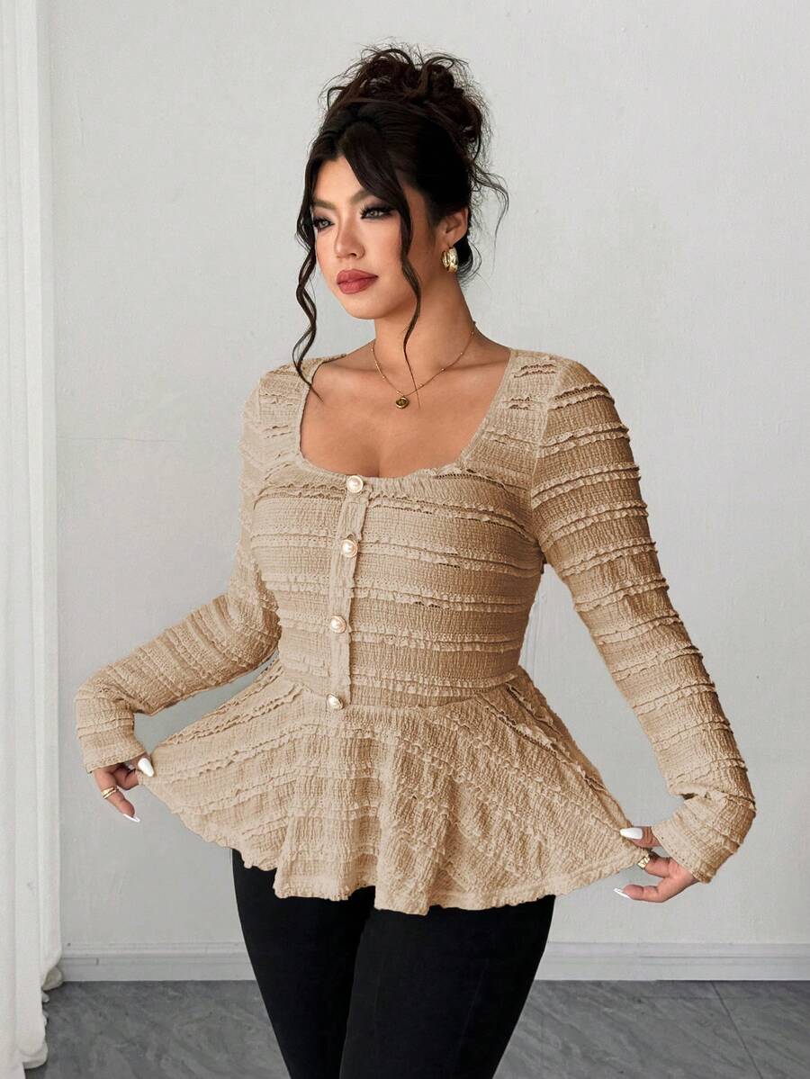 Elenzga 大码女装新款春夏秋季休闲通勤旅行衬衫，纹理面料，不对称下摆，喇叭袖，侧边金属装饰设计，秋季款 - 卡其色 - 查看 1