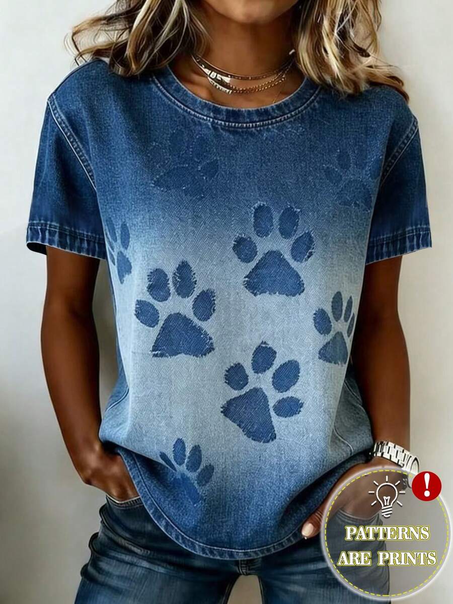 EMERY ROSE 女士动物脚印圆领休闲宽松短袖T恤 - 彩色 - 查看 1