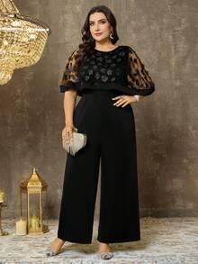 Elenzga 大码女式连体裤，时尚热销款，3D立体花卉面料，针织弹力粗纺纱线，后拉链，宽松直筒裤型，时尚现代，适合外出穿着，别致的中东风情连体裤，适合节日和情人节穿着。 - 黑色 - 查看 4