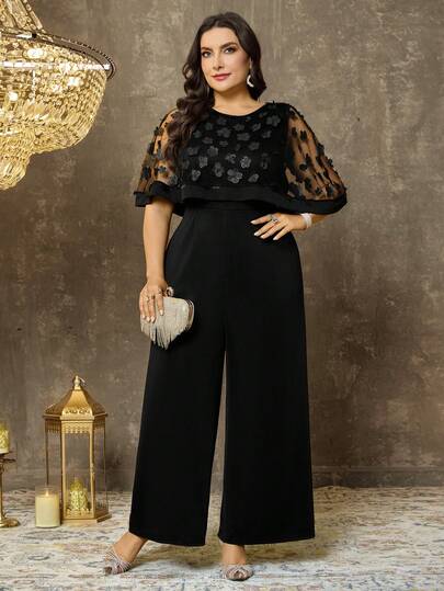 Elenzga Plus Size Women's Jumpsuit, Fashionable Hot Seller, 3D Floral Fabric, Knitted Elastic Slub Yarn, Back Zipper, Loose Straight Leg Romper, Fashionable And Modern For Outings, Stylish Middle Eastern Jumpsuit, Suitable For Holidays And Valentine's Day