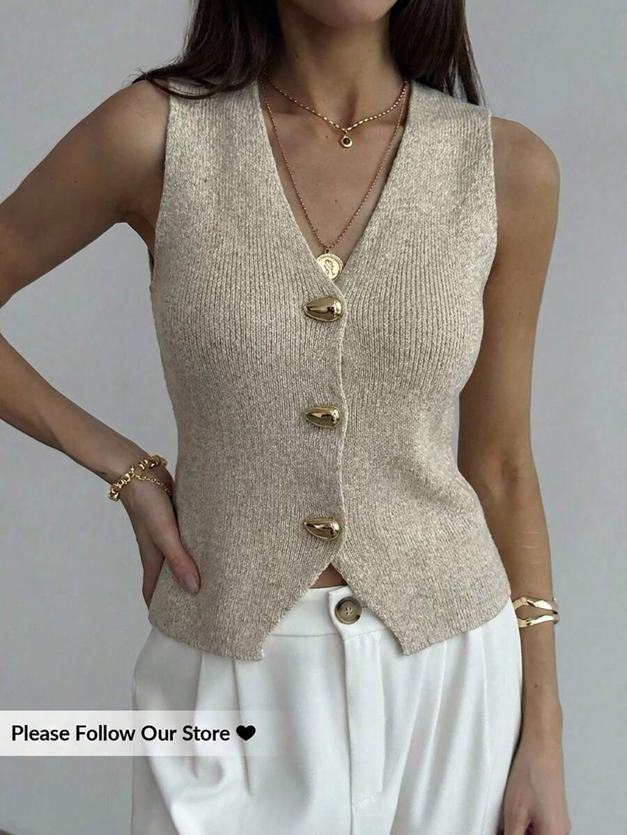 Aloruh Chaleco de punto con un solo botonadura de metal para mujer, primavera - Caqui - Ver 1
