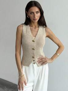 Aloruh Chaleco de punto con un solo botonadura de metal para mujer, primavera - Caqui - Ver 6