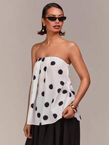 COSMINA Blusa regata folgada com estampa de bolinhas, elegante para o dia a dia, perfeita para um estilo urbano, peça fashion essencial para o verão, blusa feminina de verão com detalhe franzido. - Preto e Branco - Ver 6