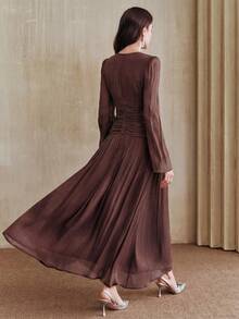 Anewsta New Elegant Fashion V-Neck Flare Sleeve Waist Ruched Dress, Suitable For Outings, Parties, Dates, Spring/Summer - Brown - View 3