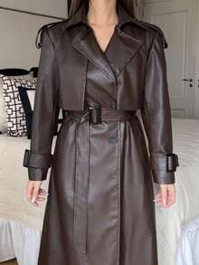 Ronhire Manteau trench long casual à manches longues et boutons pour femmes - Marron - Voir 5