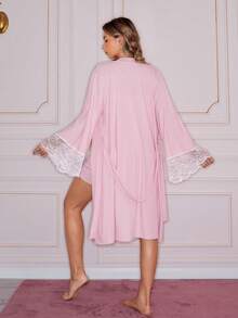 Women's Sweet Romantic Sexy Lace Patchwork Soft Knit Ribbed Camisole Nightgown And Tie-Waist Robe Sleepwear Set - Pink - View 2