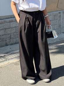 DAZY Tween Girls' Solid Color Waist Button Design Pleated Loose Wide Leg Pants - Black - View 7