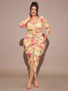 SHEIN BAE 大码女式黄色褶皱荷叶边连衣裙，情人节连衣裙，婚纱，毕业礼服，返校连衣裙，生日派对连衣裙，情人节连衣裙，优雅连衣裙。网纱连衣裙，大码度假装，曲线美大码夏威夷风情套装，波西米亚风大码纱丽。 - 黃色 - 查看 5