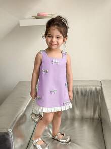 Cute & Elegant Baby Girl Summer Dress,White Colorblock Bow Tie Decor Purple Lavender Lilac Birthday Dress,Spaghetti Strap Birthday Outfit For Baby - Purple - View 3