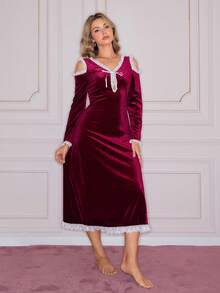 SHEIN Women's Elegant Romantic Contrast Color Lace Ruffle Trim Hollow Out Tie Front Deep V Neck Loose Comfortable Nightgown - Burgundy - View 4