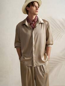 Manfinity Dauomo 男士纯色 Polo 领单排扣短袖衬衫上衣搭配阔腿裤休闲日常穿搭 - 橄欖綠 - 查看 4