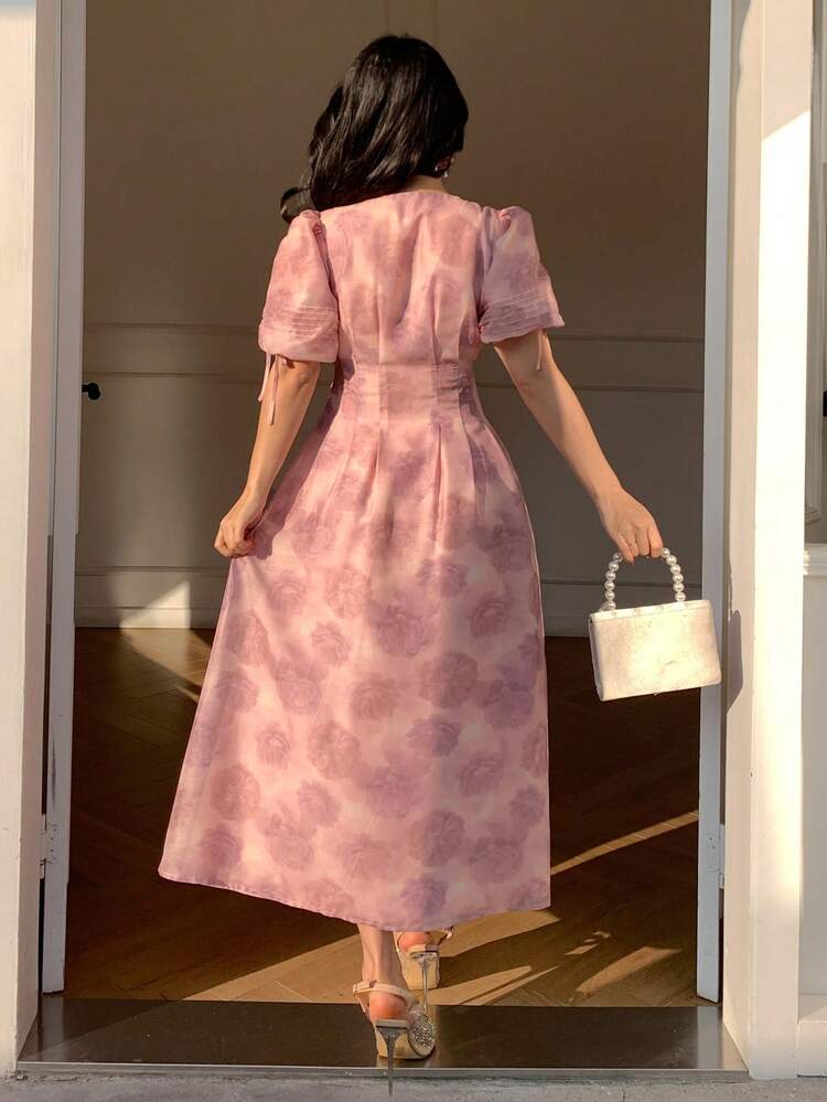 DAZY Romantic Floral Print Lantern Sleeve Midi Dress With Flared Skirt, Elegant For Vacation - Baby Pink - View 2