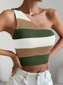 Chiquease Top de punto de un hombro corto con rayas de contraste, casual de verano - Multicolor - Ver 5