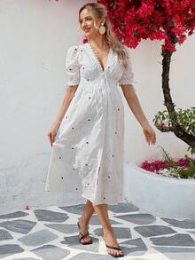 SHEIN Maternity Heart Pattern V-Neck Short Sleeve Dress - White - View 4