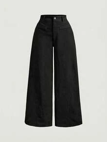 SHEIN MOD Bộ đồ 2 món cỡ lớn kiểu retro bằng vải nhung kẻ, gồm áo hai dây cài khuy đôi và quần ống rộng. - màu đen - Xem 9