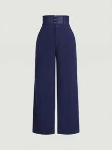 SHEIN MOD Black Sheer Fishbone Waist Patchwork Pants, Suitable For Party And Date Night - Navy Blue - View 1