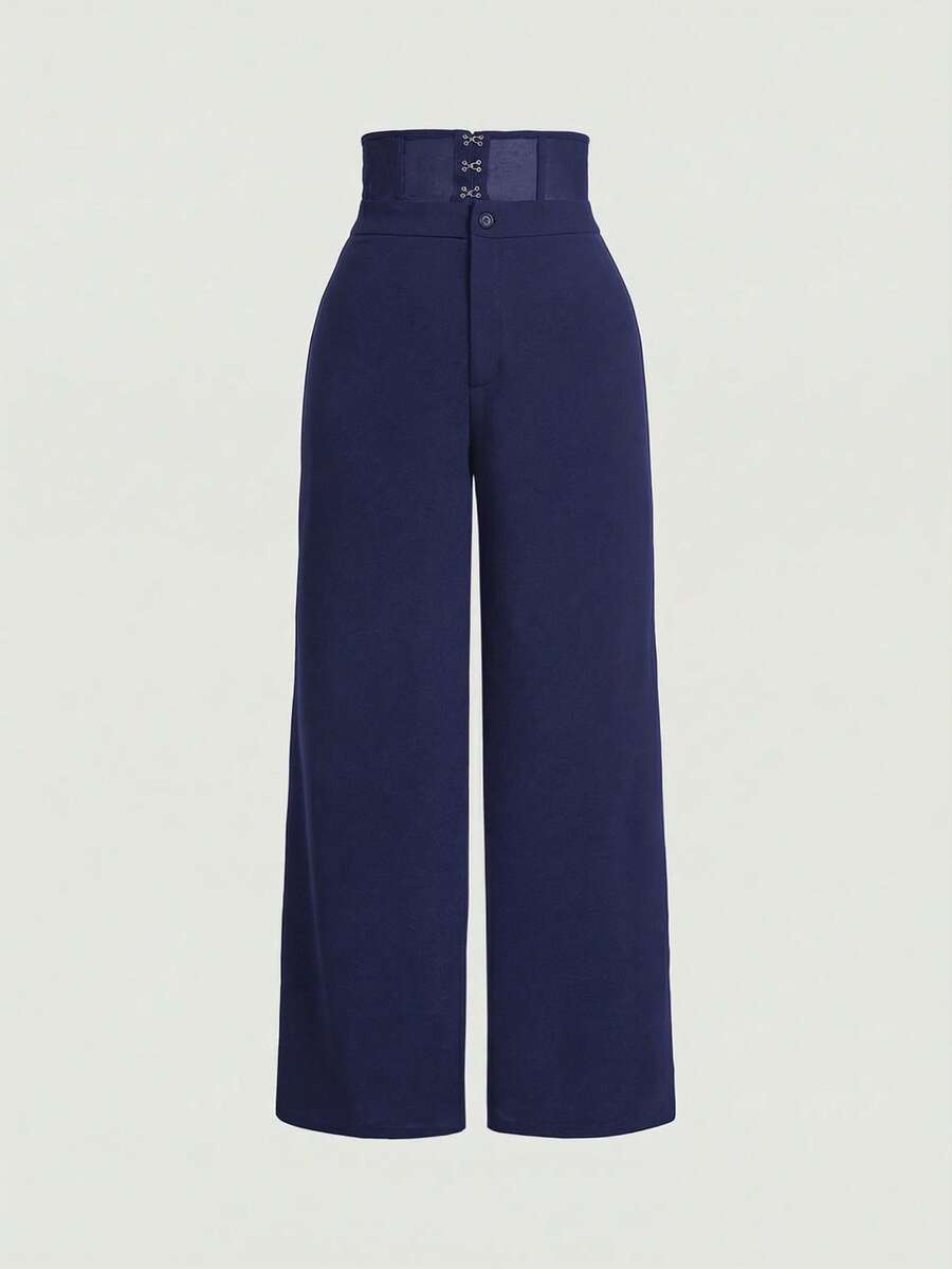 SHEIN MOD Black Sheer Fishbone Waist Patchwork Pants, Suitable For Party And Date Night - Navy Blue - View 1