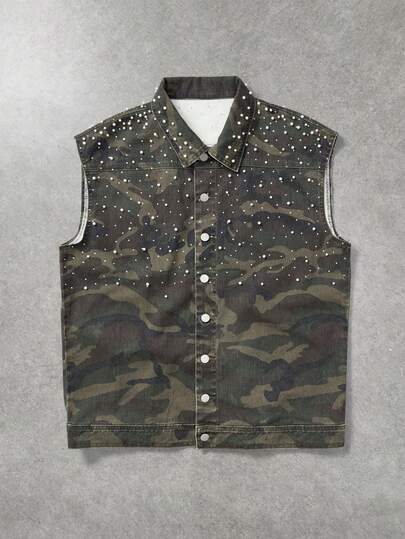 ROMWE MEN Street Life Men's Sleeveless Denim Top With Round Bead Camouflage Decor
