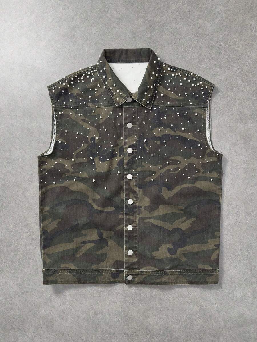 ROMWE MEN Street Life Men's Sleeveless Denim Top With Round Bead Camouflage Decor - Army Green - View 1
