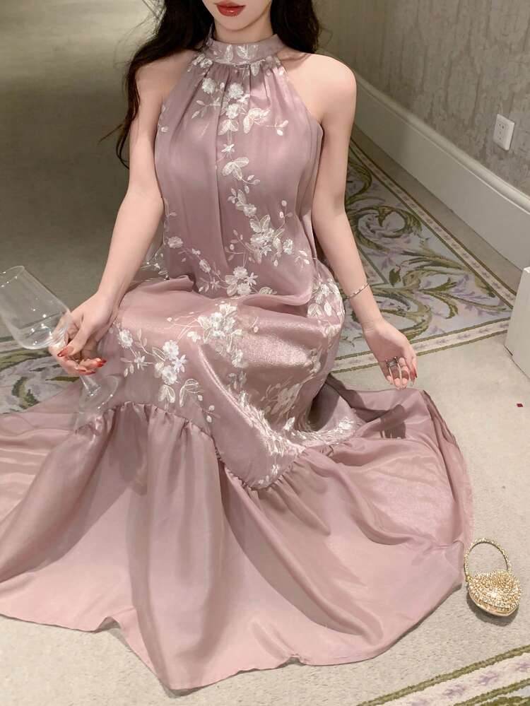 Women's Sleeveless Floral Lace Patchwork Dress, Elegant Sundress